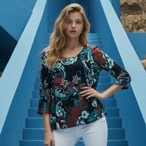 Chico's 3 XL Black Teal Burgundy Floral Zipper Detail No Wrinkle Top Slinky